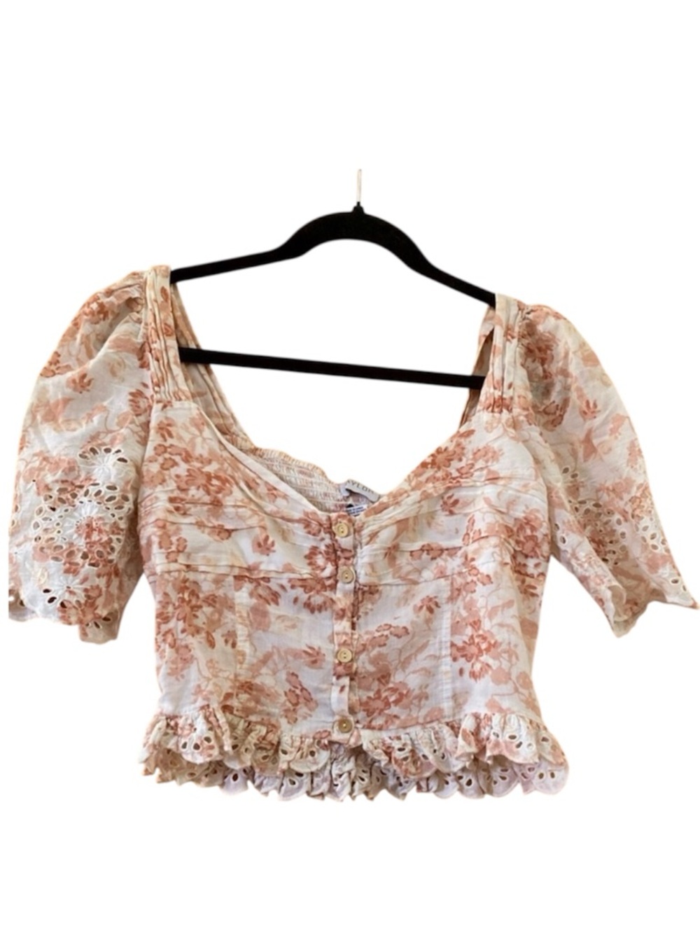 Saylor Floral Eyelet Puff Sleeve Sweetheart Crop Top Smocked Cotton Size S